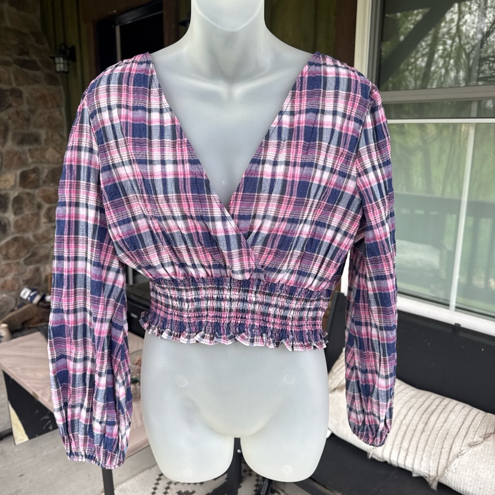 Zara Plaid V-Neck Smocked Crop Top medium